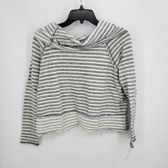 Free People Sweater Womens XS Blue Ivory Stripe Cowl Neck Cropped Pullover Boho - Picture 2 of 7